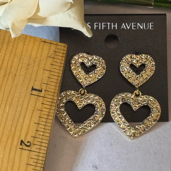 Saks Fifth Avenue Gold Tone Dangling Heart  Red Crystal Post Earrings 1.5in - Picture 3 of 12